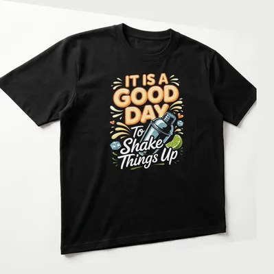 Colorful cocktail shaker design with playful text on a — printed on a unisex t-shirt (angled view)