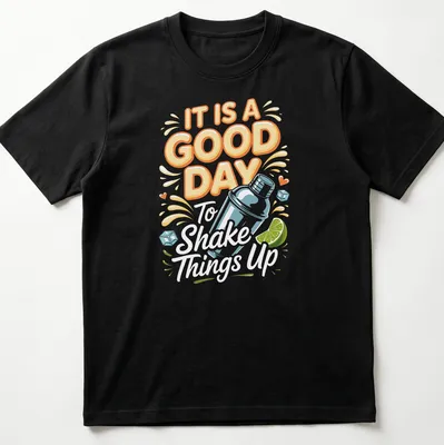 Colorful cocktail shaker design with playful text on a t-shirt