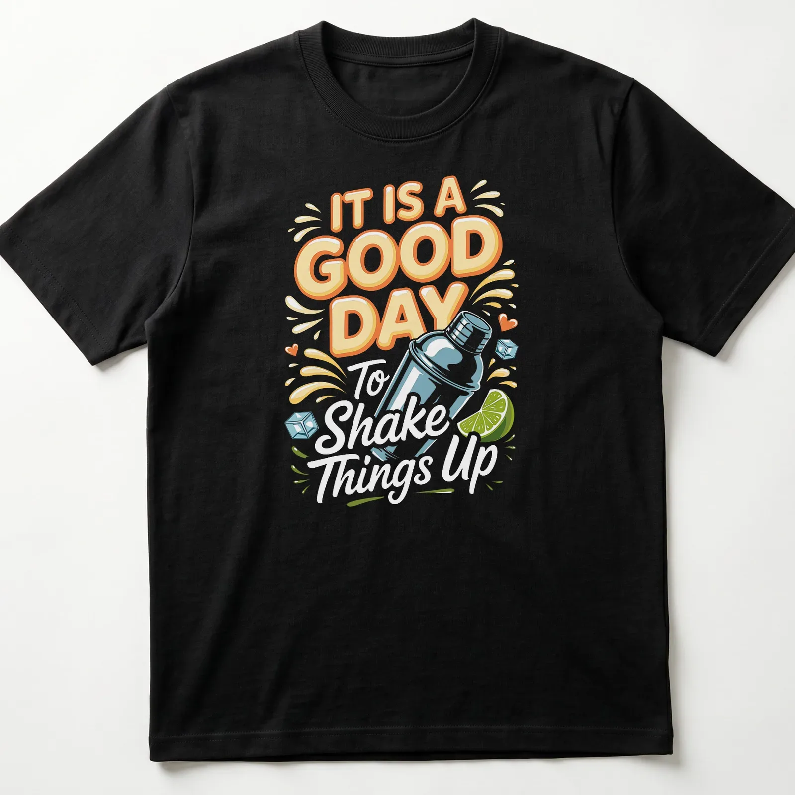 Colorful cocktail shaker design with playful text on a — printed on a unisex t-shirt