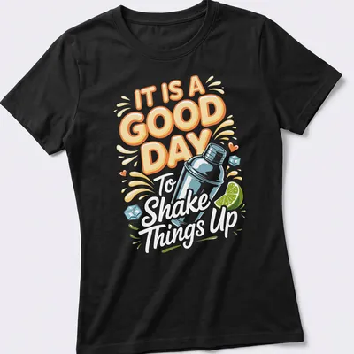 Colorful cocktail shaker design with playful text on a — printed on a women's shirt