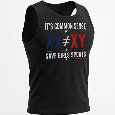 Bold graphic tee with text stating common sense and equality for girls in sports — printed on a tank top