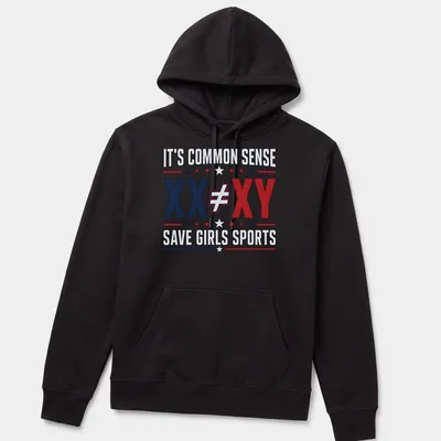 Bold graphic tee with text stating common sense and equality for girls in sports — printed on a unisex hoodie