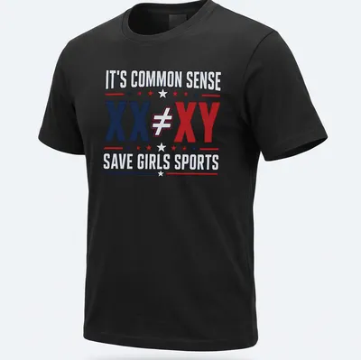 Bold graphic tee with text stating common sense and equality for girls in sports