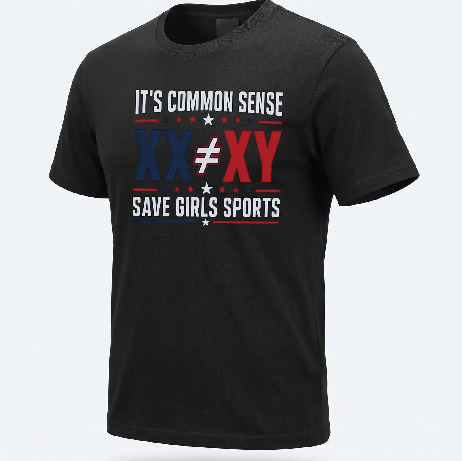 Bold graphic tee with text stating common sense and equality for girls in sports — printed on a unisex t-shirt