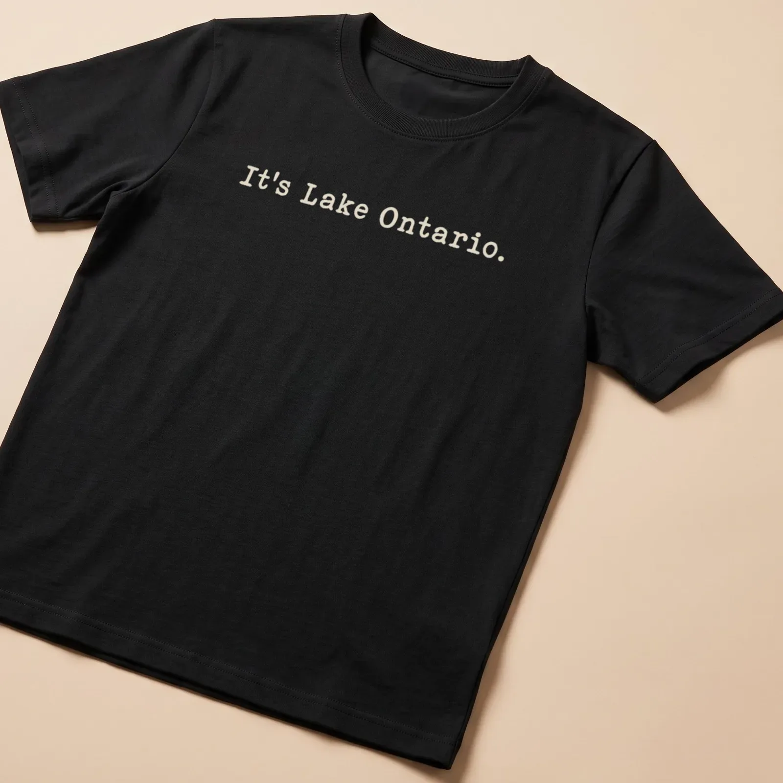 Typographic design featuring the phrase It's Lake Ontario on a beige background — printed on a unisex t-shirt