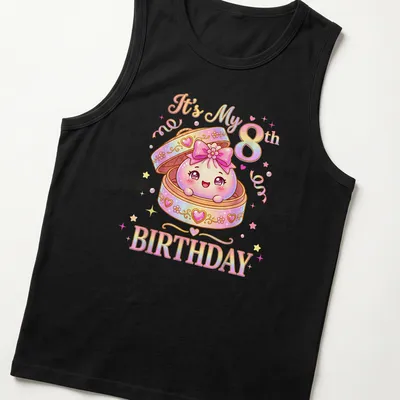 Kawaii design featuring a smiling dumpling with birthday text above — printed on a tank top