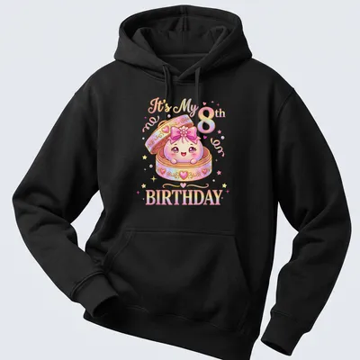 Kawaii design featuring a smiling dumpling with birthday text above — printed on a unisex hoodie