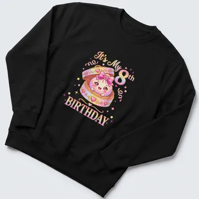Kawaii design featuring a smiling dumpling with birthday text above — printed on a unisex sweatshirt