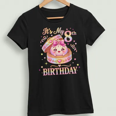 Kawaii design featuring a smiling dumpling with birthday text above — printed on a women's shirt