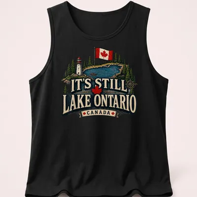 Vintage rustic T-shirt featuring Lake Ontario, a lighthouse, and a boat in green, blue, red, cream, and black — printed on a tank top