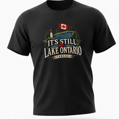 Vintage rustic T-shirt featuring Lake Ontario, a lighthouse, and a boat in green, blue, red, cream, and black