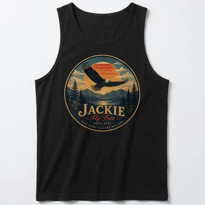 Vintage landscape print featuring a bald eagle with memorial text for Jackie — printed on a tank top