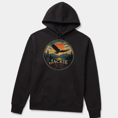Vintage landscape print featuring a bald eagle with memorial text for Jackie — printed on a unisex hoodie