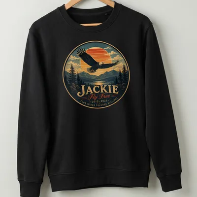 Vintage landscape print featuring a bald eagle with memorial text for Jackie — printed on a unisex sweatshirt
