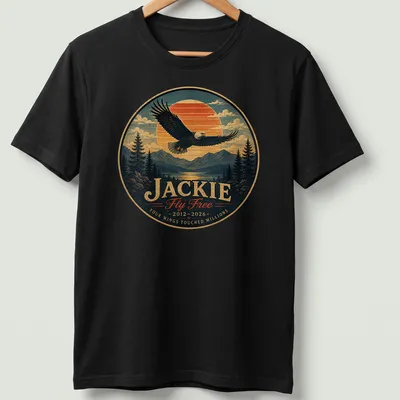 Vintage landscape print featuring a bald eagle with memorial text for Jackie