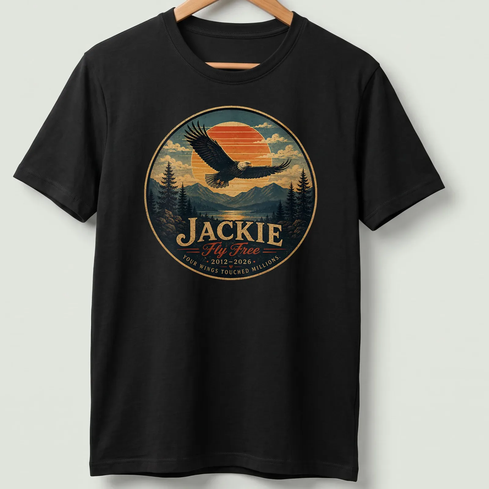 Vintage landscape print featuring a bald eagle with memorial text for Jackie — printed on a unisex t-shirt