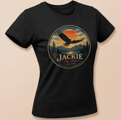 Vintage landscape print featuring a bald eagle with memorial text for Jackie — printed on a women's shirt