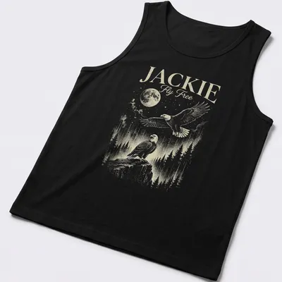 Vintage illustration of an eagle flying with the moon in the background, printed in gold and green. — printed on a tank top
