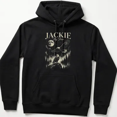 Vintage illustration of an eagle flying with the moon in the background, printed in gold and green. — printed on a unisex hoodie