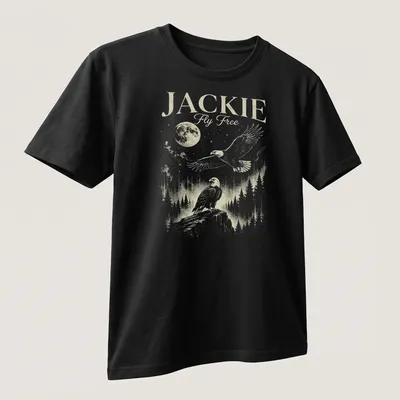 Vintage illustration of an eagle flying with the moon in the background, printed in gold and green. — printed on a unisex t-shirt (angled view)