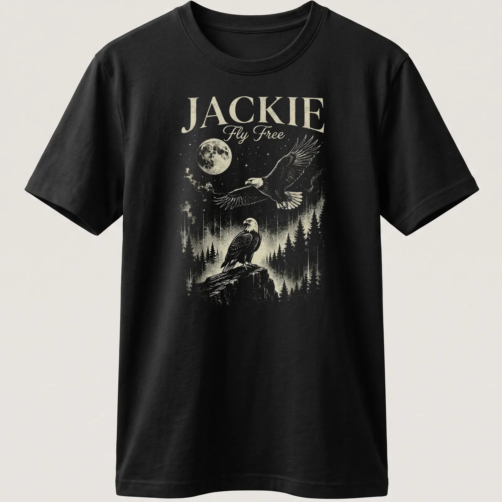 Vintage illustration of an eagle flying with the moon in the background, printed in gold and green. — printed on a unisex t-shirt