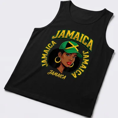 Cartoon design of an Afro woman with Jamaican flag colors and text — printed on a tank top