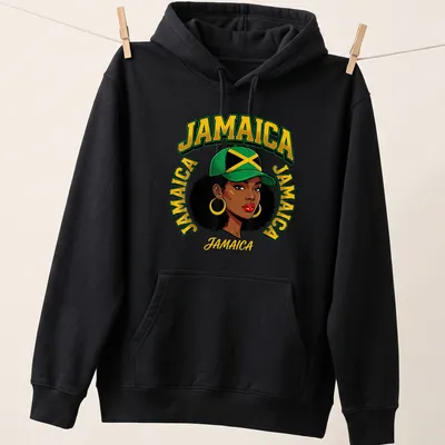 Cartoon design of an Afro woman with Jamaican flag colors and text — printed on a unisex hoodie
