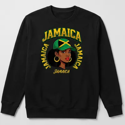 Cartoon design of an Afro woman with Jamaican flag colors and text — printed on a unisex sweatshirt