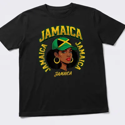 Cartoon design of an Afro woman with Jamaican flag colors and text