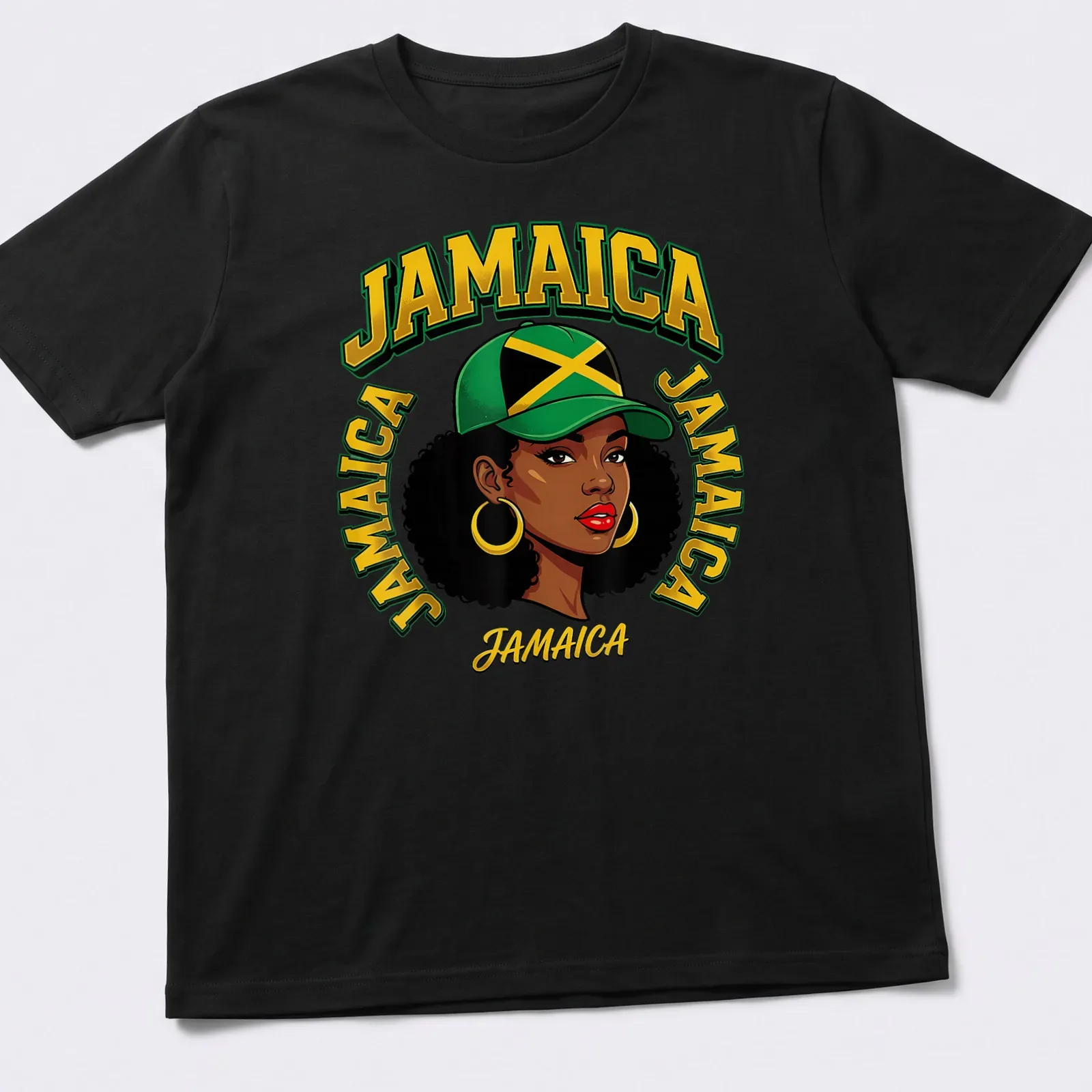 Cartoon design of an Afro woman with Jamaican flag colors and text — printed on a unisex t-shirt