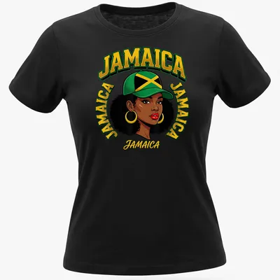 Cartoon design of an Afro woman with Jamaican flag colors and text — printed on a women's shirt