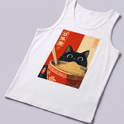 Vintage Japanese poster of a black cat with a ramen bowl and text — printed on a tank top