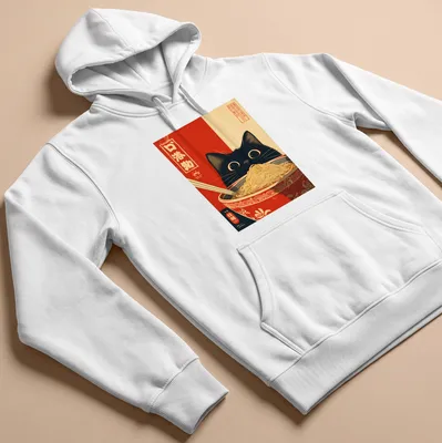 Vintage Japanese poster of a black cat with a ramen bowl and text — printed on a unisex hoodie