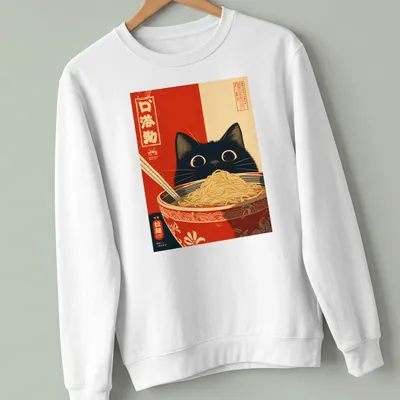 Vintage Japanese poster of a black cat with a ramen bowl and text — printed on a unisex sweatshirt