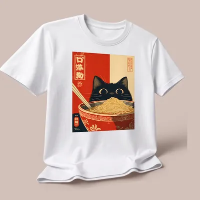 Vintage Japanese poster of a black cat with a ramen bowl and text — printed on a unisex t-shirt (angled view)