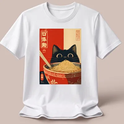 Vintage Japanese poster of a black cat with a ramen bowl and text