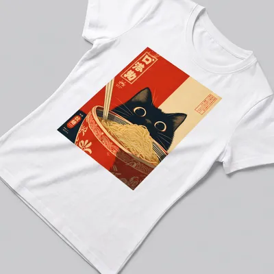 Vintage Japanese poster of a black cat with a ramen bowl and text — printed on a women's shirt