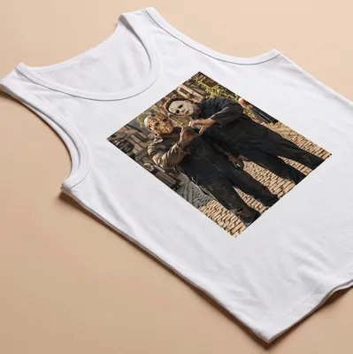 Realistic print of Jason Voorhees and Michael Myers forming heart hands — printed on a tank top