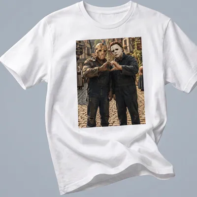 Realistic print of Jason Voorhees and Michael Myers forming heart hands