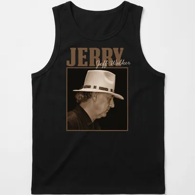 Vintage sepia silhouette print of musician Jeff Walker with his name — printed on a tank top
