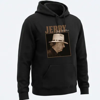 Vintage sepia silhouette print of musician Jeff Walker with his name — printed on a unisex hoodie