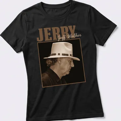 Vintage sepia silhouette print of musician Jeff Walker with his name — printed on a women's shirt