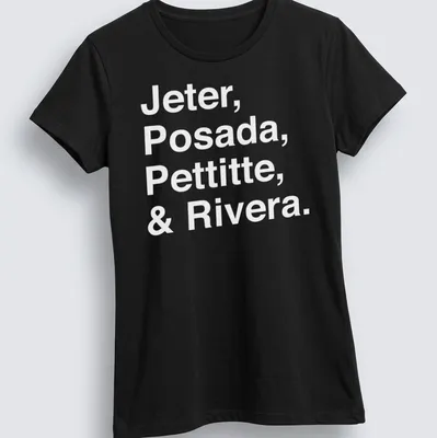 Minimalist T-shirt featuring the names of baseball players in white typography. — printed on a women's shirt