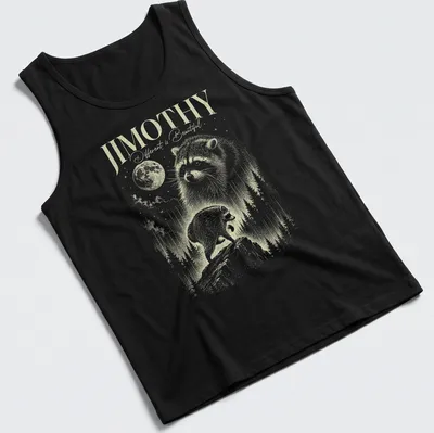 Vintage illustration of a raccoon with the text 'JIMOTHY Different is Beautiful!' — printed on a tank top