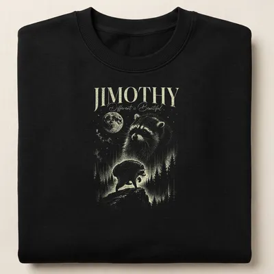 Vintage illustration of a raccoon with the text 'JIMOTHY Different is Beautiful!' — printed on a unisex sweatshirt