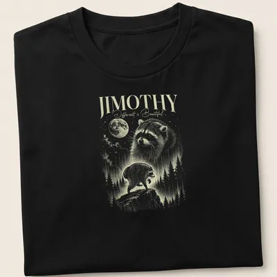 Vintage illustration of a raccoon with the text 'JIMOTHY Different is Beautiful!'