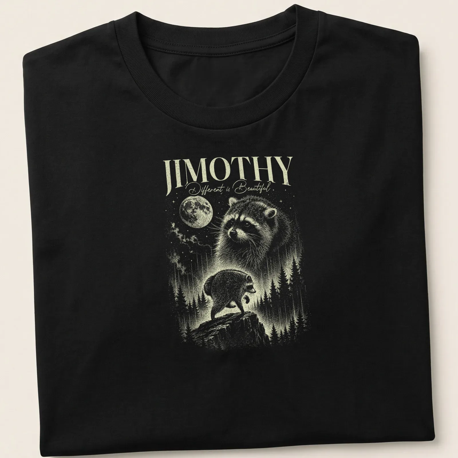 Vintage illustration of a raccoon with the text 'JIMOTHY Different is Beautiful!' — printed on a unisex t-shirt