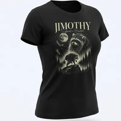Vintage illustration of a raccoon with the text 'JIMOTHY Different is Beautiful!' — printed on a women's shirt
