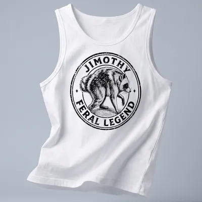 Vintage illustration of a raccoon with the text JIMOTHY FERAL LEGEND in black and white — printed on a tank top