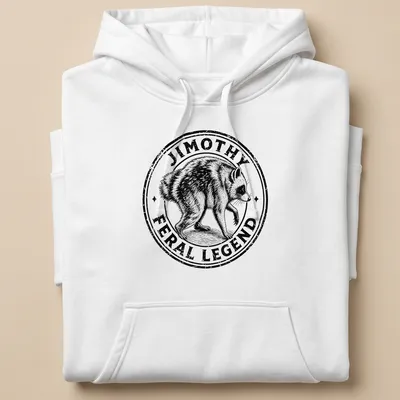 Vintage illustration of a raccoon with the text JIMOTHY FERAL LEGEND in black and white — printed on a unisex hoodie